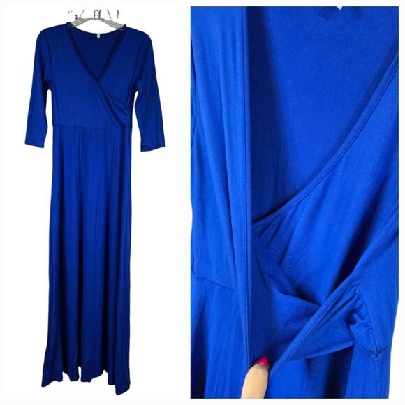 Mother Bee Royal Blue Maternity Nursing Maxi Dress | Faux Wrap Jersey Knit Comfy - Picture 10 of 10